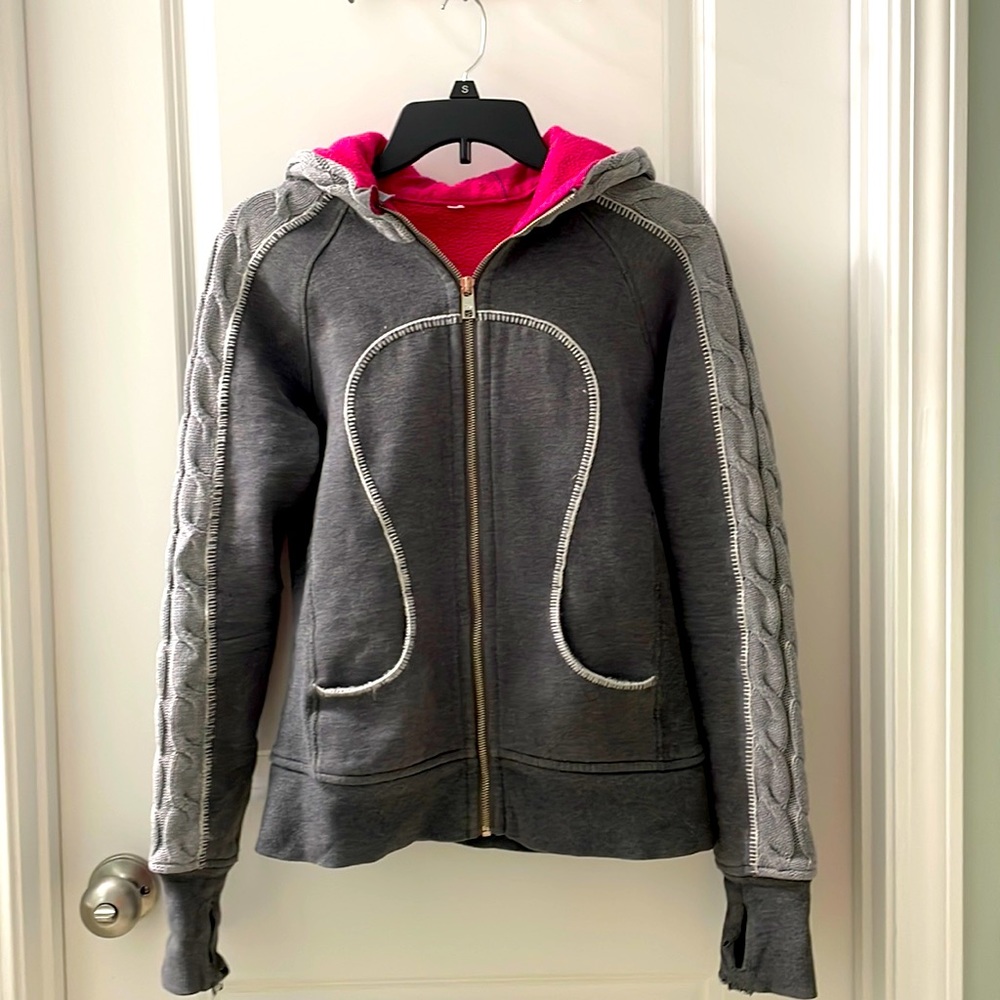 Lululemon small zip up sweatshirt hoodie shirt top gray pink cable knit sleeve
